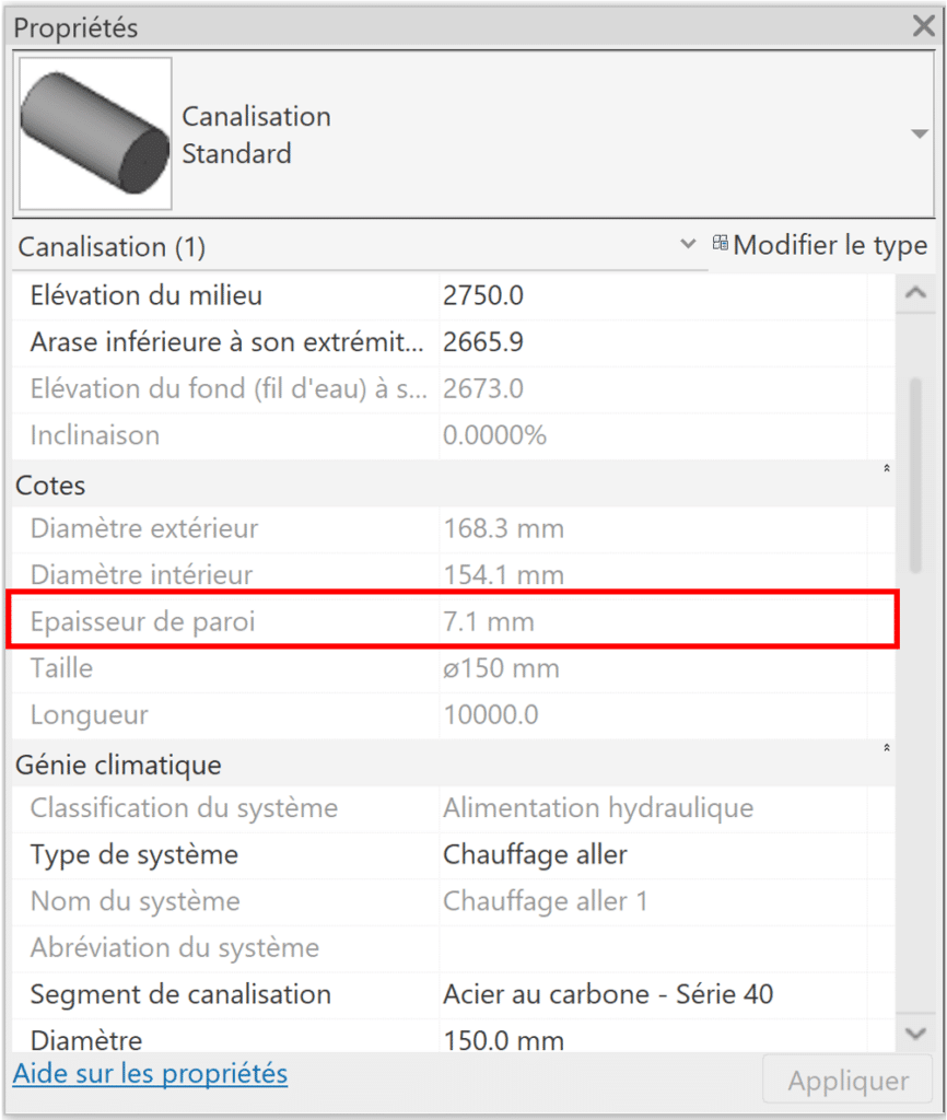 Revit 2024 Propriétés canalisation standard